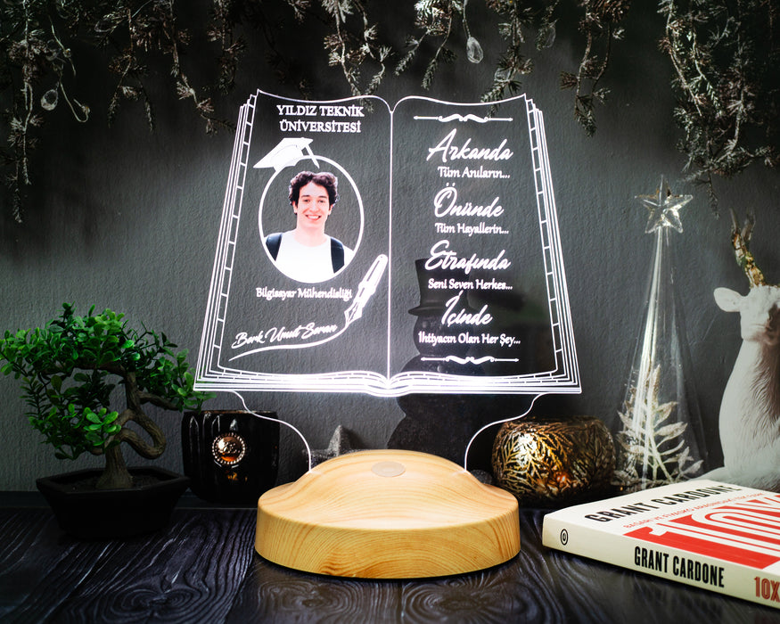 Fotoğraflı Mezuniyet Hediyesi LED Kitap Lamba / Kişiye Özel Resimli Kitap Mezuniyet Hediyesi / Okul Mezuniyetine Özel Fotoğraflı Hediye
