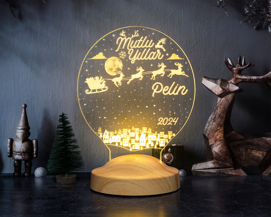 Kişiye Özel Yeni Yıl, Yılbaşı Hediyesi, Mutlu Yıllar Hediyesi, Uçan Geyikler 3D Led Lamba