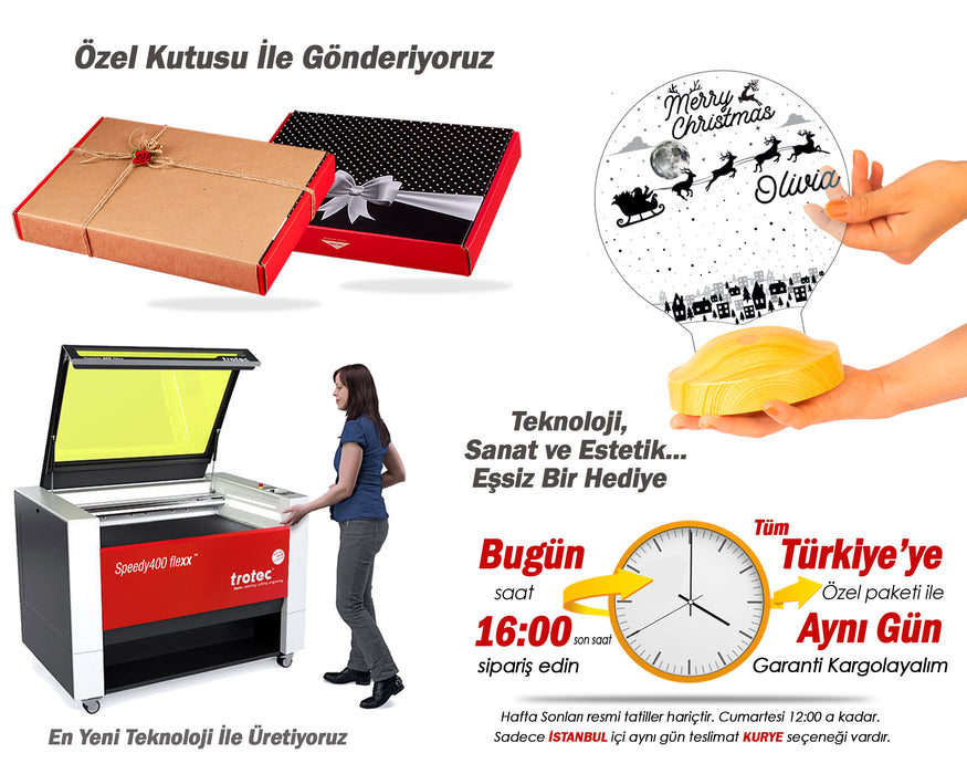 Kişiye Özel Yeni Yıl, Yılbaşı Hediyesi, Mutlu Yıllar Hediyesi, Uçan Geyikler 3D Led Lamba