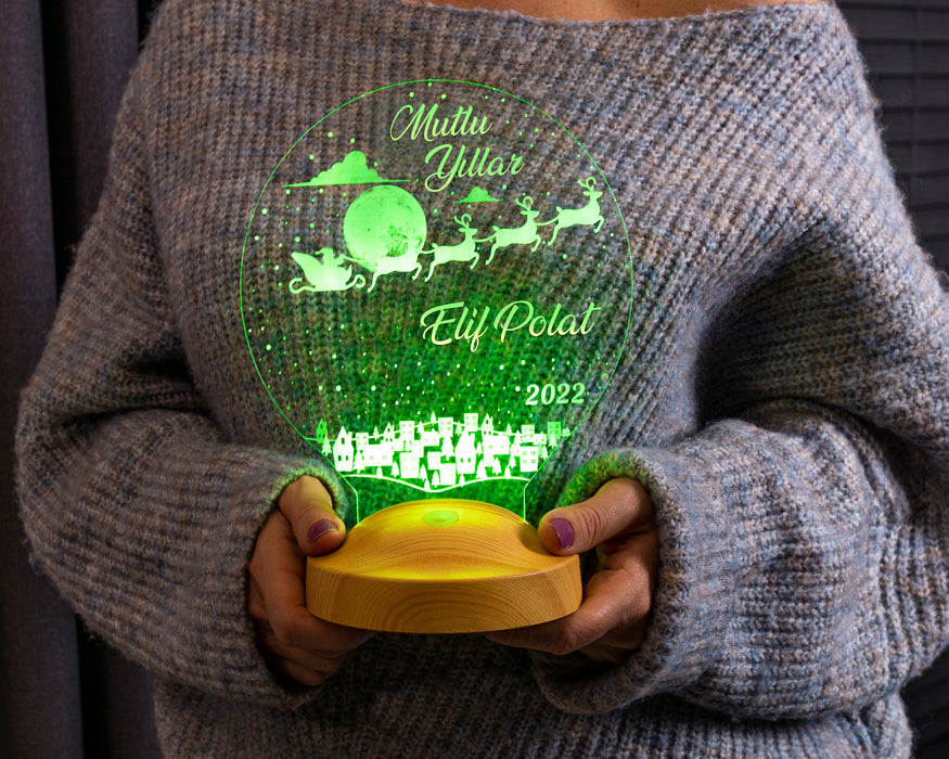 Kişiye Özel Yeni Yıl, Yılbaşı Hediyesi, Mutlu Yıllar Hediyesi, Uçan Geyikler 3D Led Lamba