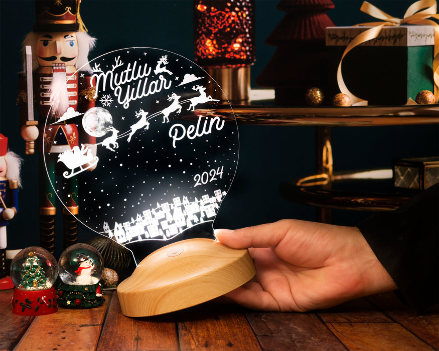 Kişiye Özel Yeni Yıl, Yılbaşı Hediyesi, Mutlu Yıllar Hediyesi, Uçan Geyikler 3D Led Lamba