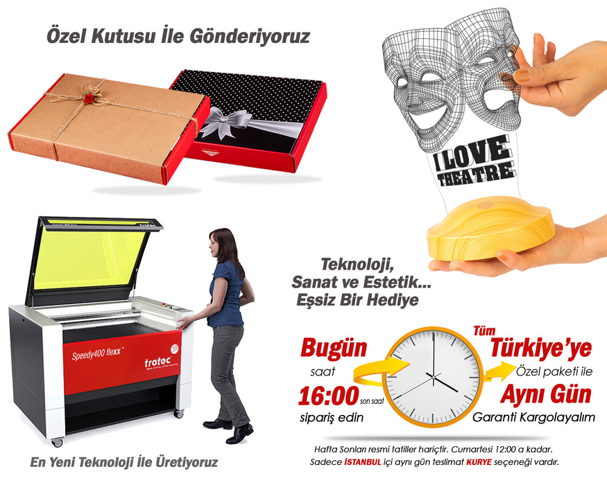 Dünya Tiyatro Günü Hediyesi, Kişiye Özel 3 Boyutlu Tiyatro Maskesi, Sock ve Buskin Sembolü Led Lamba