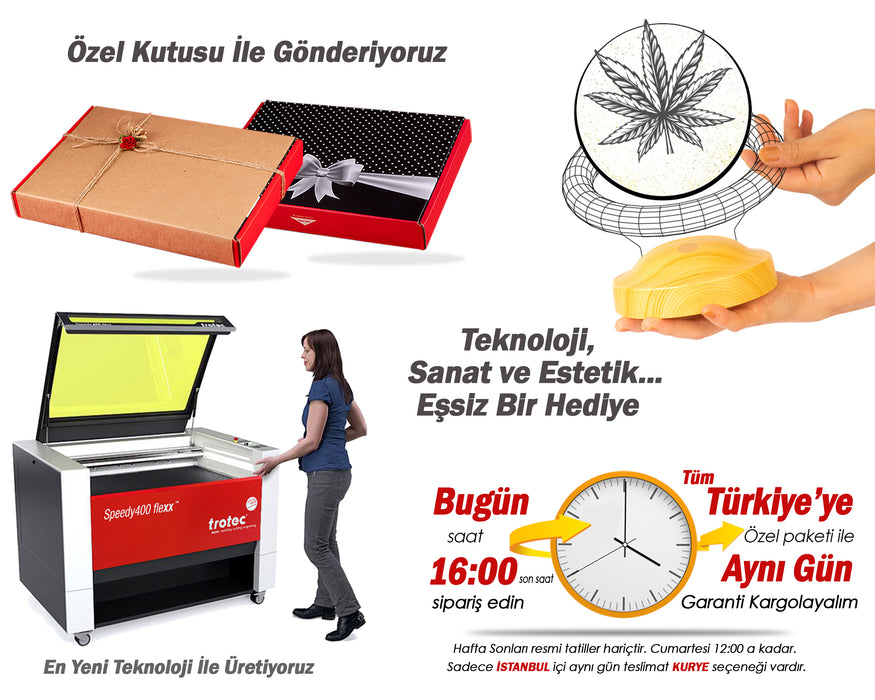 Mucize Bitki Kenevirli Hediye 3D LED Lamba – Cannabis Desenli Dekoratif Gece Lambası