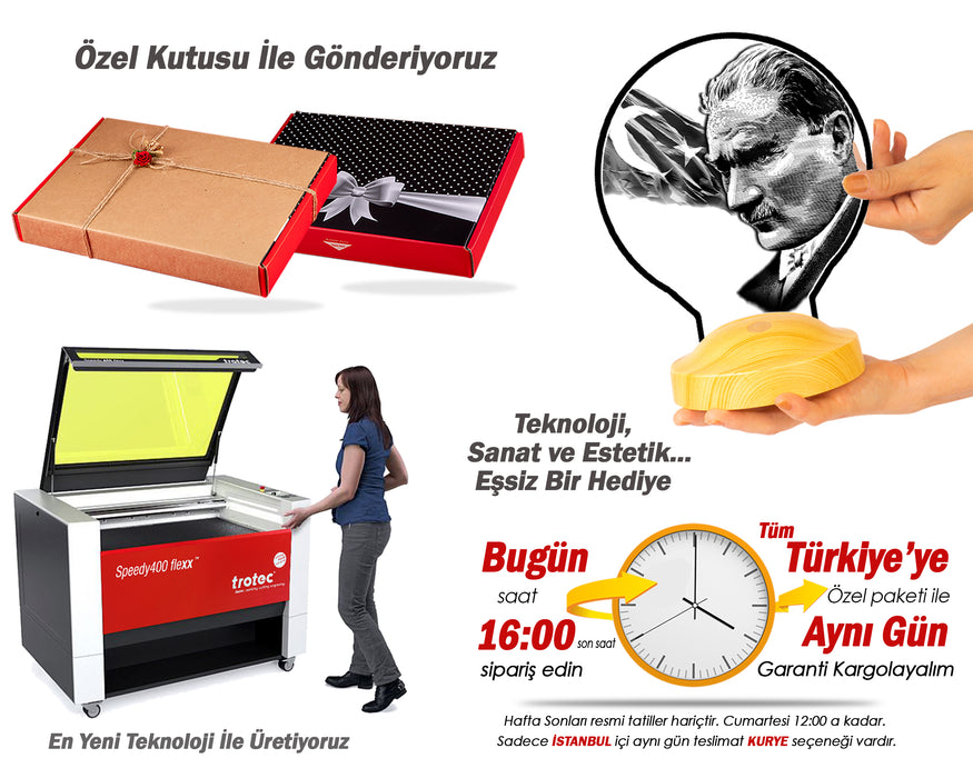 Mustafa Kemal Atatürk Görselli Hediye, İsimli Atatürk Görseli ve Türk Bayrağı Hediyesi Led Lamba
