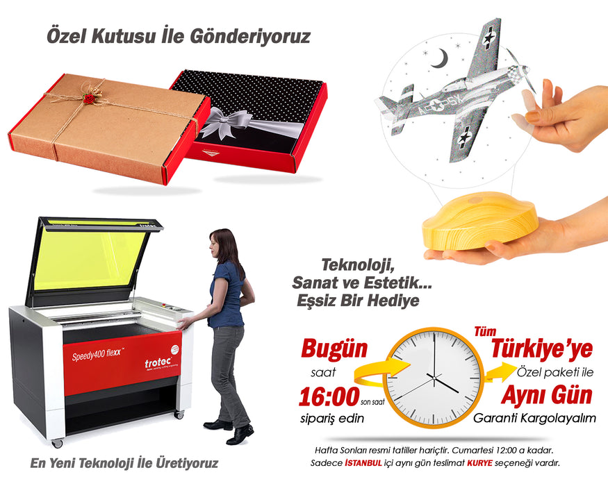 Babaya Hediye Babalar Günü Hediyesi Uçak Gecelambası Kişiye Özel 3D Led Lamba, Mustang P 51 Kuzey Amerika