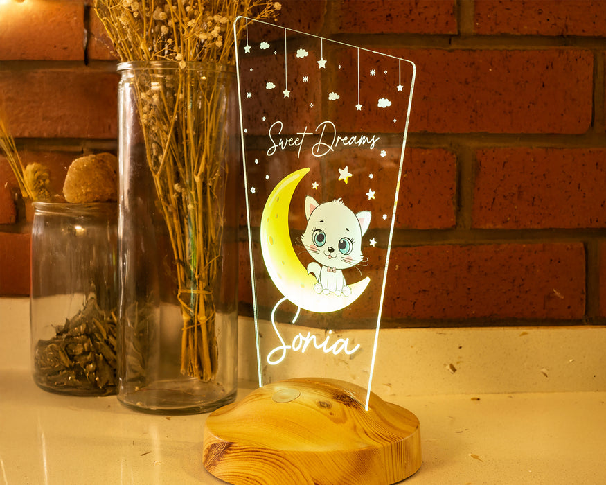 Kedili Hediye Çocuk Odası Aydınlatma Kız Bebek Gece Lambası, Kız Çocuk İçin Kişiselleştirilmiş Başucu Lambası, Sevimli Kedi Lambası, Kişiye Özel Oda Dekoru