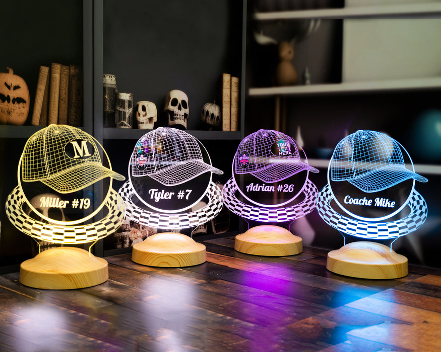 Şapka Tasarımlı Kişiye Özel Dekoratif Led Lamba, Beyzbol Şapkası Tasarımlı 3 Boyutlu Lamba, Güvenlik Hediyesi Şapka Şeklinde Gece Lambası