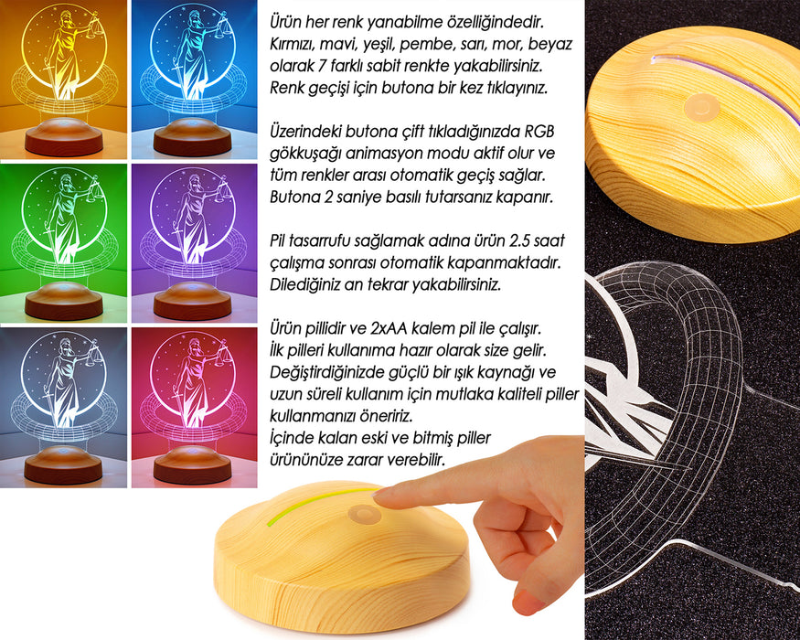 Avukata Özel Terazili 3D LED Lamba – İsim Yazılabilir Adalet Sembolü Avukat - Hakim - Savcı Hediyesi