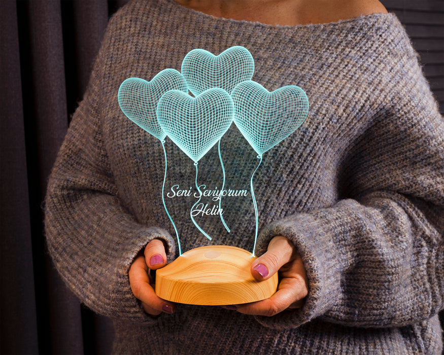 Sevgiliye Hediye Kalpler, Sevgililer Günü Hediyesi Kişiye Özel Kalpli 3D Led Lamba