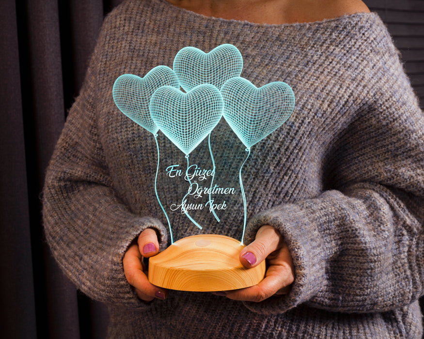 Öğretmenler Günü Hediyesi, Mezuniyet Hatırası Hediyesi, Öğretmene Hediye, Kalpler, Kişiye Özel 3D Led Lamba