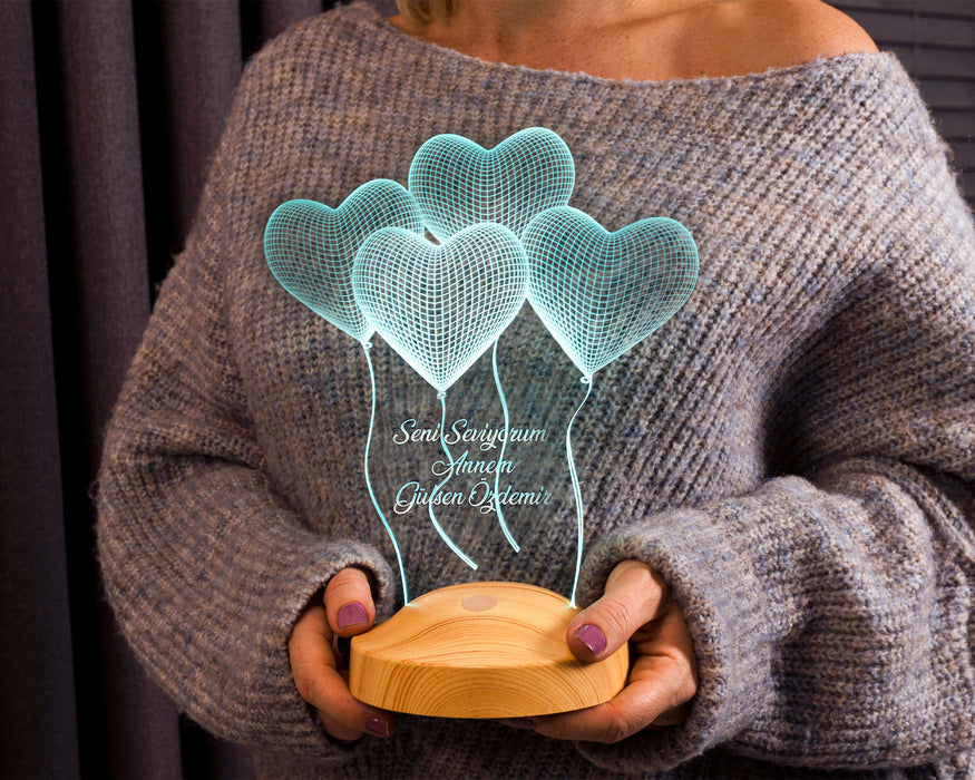 Annelere Hediye Uçan Kalpler, Anneler Günü Hediyesi Kişiye Özel 3D Led Lamba