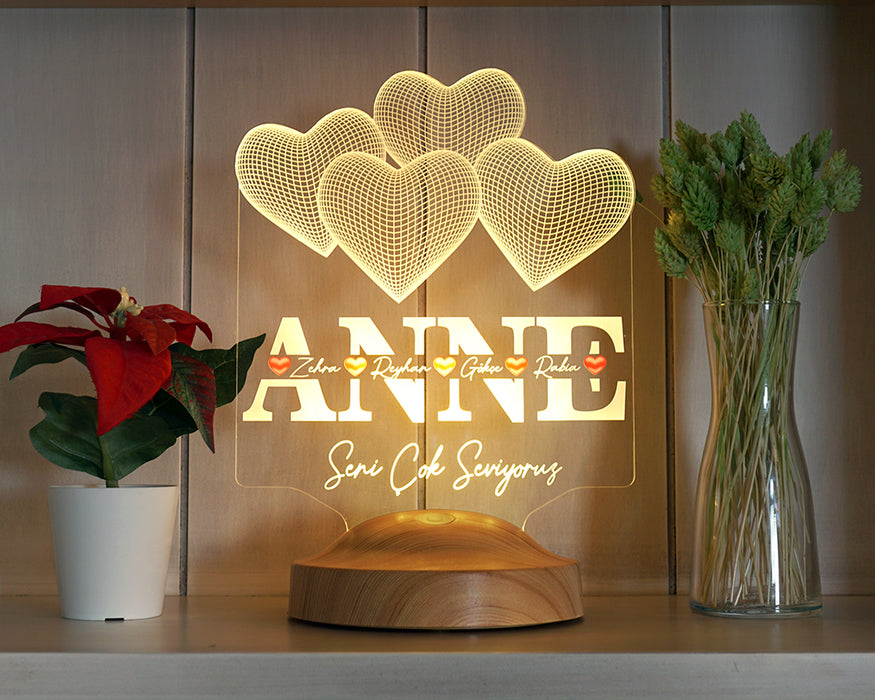Anneler Günü Hediyesi, Anneye Hediye Kalpli Renkli İsim Yazılı Kişiye Özel 3D Led Lamba