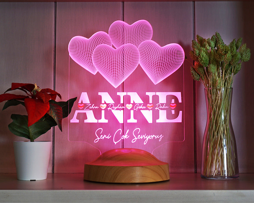 Anneler Günü Hediyesi, Anneye Hediye Kalpli Renkli İsim Yazılı Kişiye Özel 3D Led Lamba