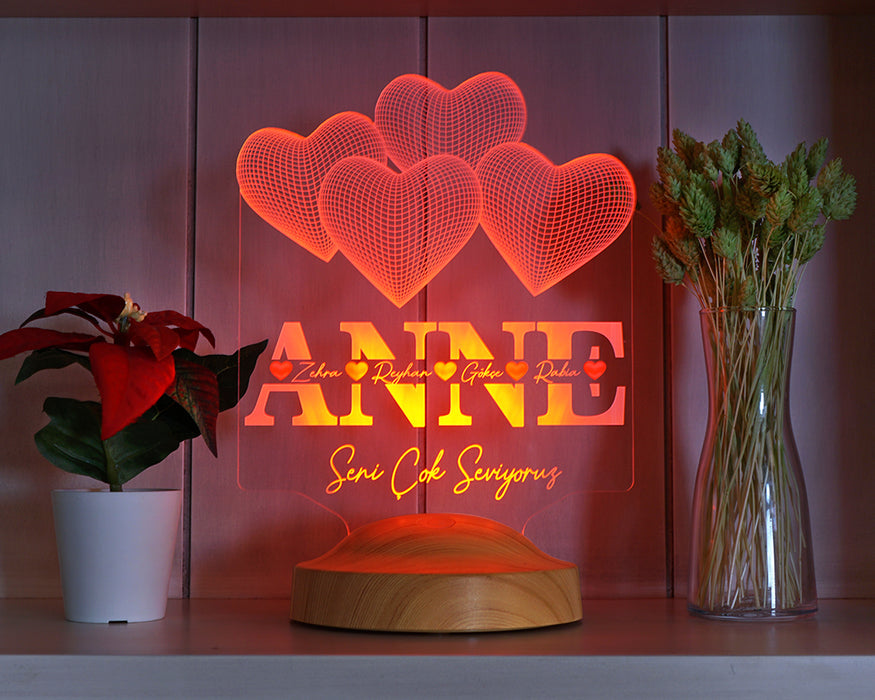 Anneler Günü Hediyesi, Anneye Hediye Kalpli Renkli İsim Yazılı Kişiye Özel 3D Led Lamba