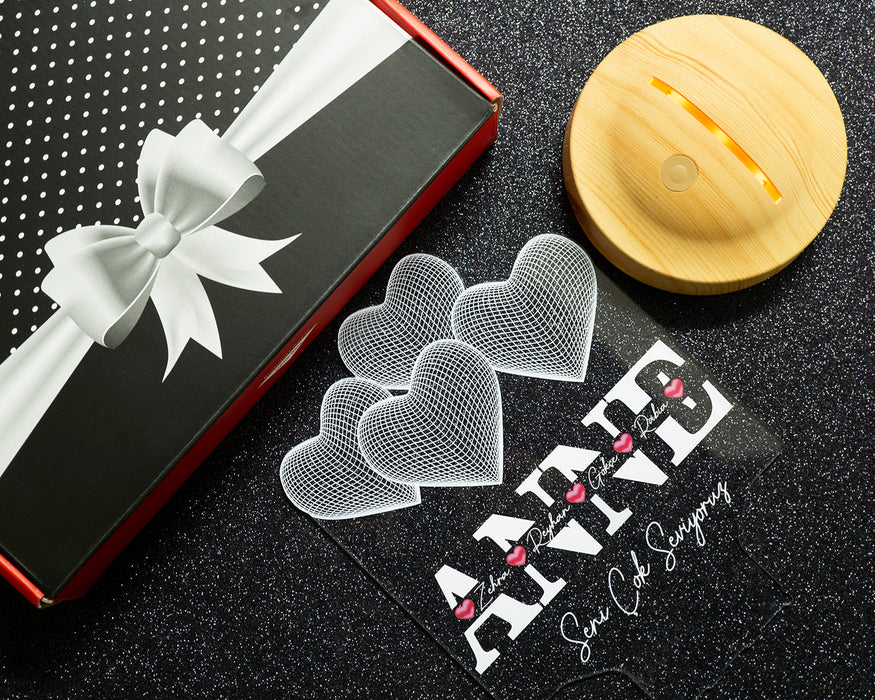 Anneler Günü Hediyesi, Anneye Hediye Kalpli Renkli İsim Yazılı Kişiye Özel 3D Led Lamba