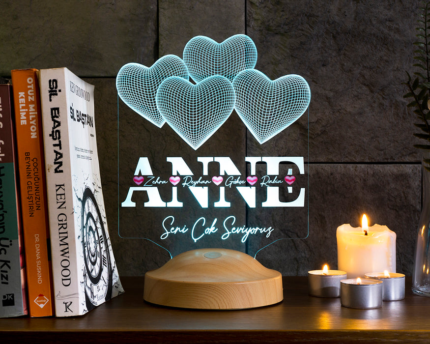 Anneler Günü Hediyesi, Anneye Hediye Kalpli Renkli İsim Yazılı Kişiye Özel 3D Led Lamba