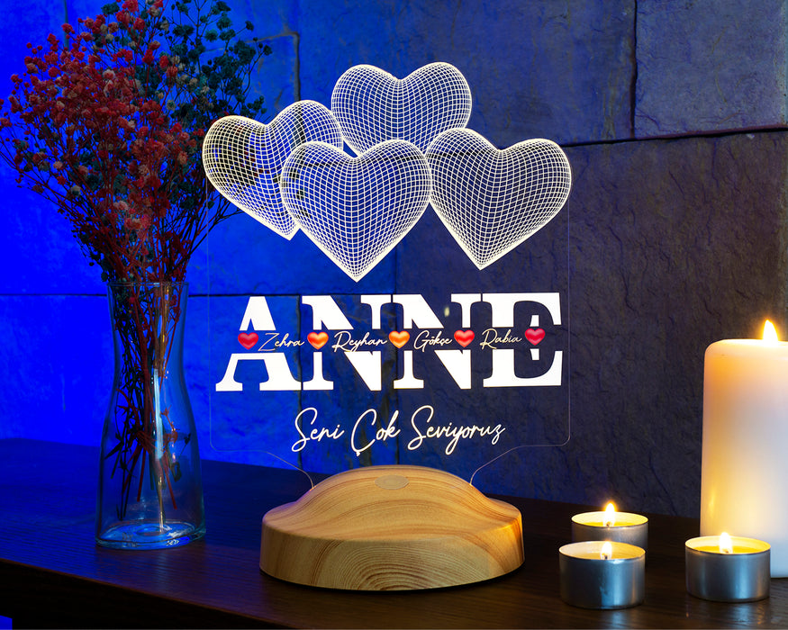 Anneler Günü Hediyesi, Anneye Hediye Kalpli Renkli İsim Yazılı Kişiye Özel 3D Led Lamba
