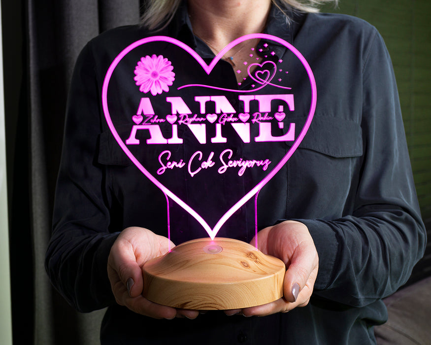 Kalp Şeklinde İsim Yazılı LED Lamba – Anneye Kişiye Özel Anneler Günü Hediyesi