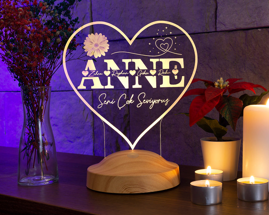 Kalp Şeklinde İsim Yazılı LED Lamba – Anneye Kişiye Özel Anneler Günü Hediyesi