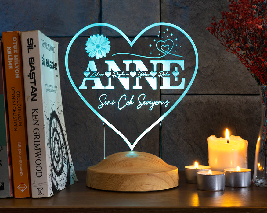 Kalp Şeklinde İsim Yazılı LED Lamba – Anneye Kişiye Özel Anneler Günü Hediyesi