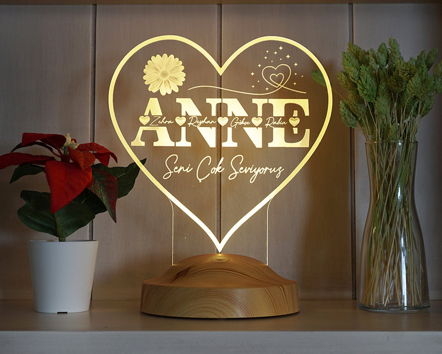 Kalp Şeklinde İsim Yazılı LED Lamba – Anneye Kişiye Özel Anneler Günü Hediyesi