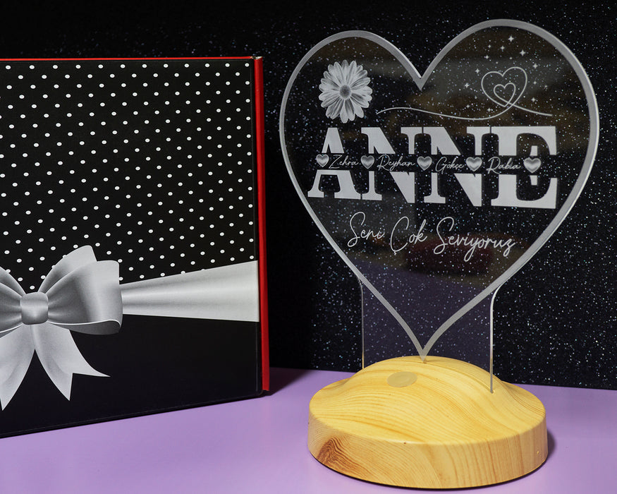 Kalp Şeklinde İsim Yazılı LED Lamba – Anneye Kişiye Özel Anneler Günü Hediyesi