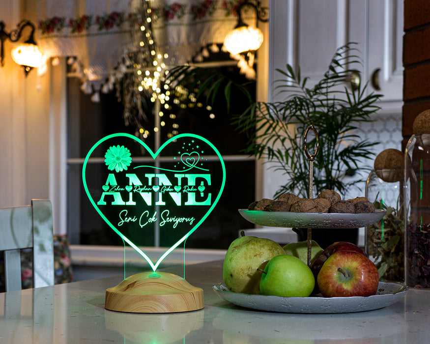 Kalp Şeklinde İsim Yazılı LED Lamba – Anneye Kişiye Özel Anneler Günü Hediyesi