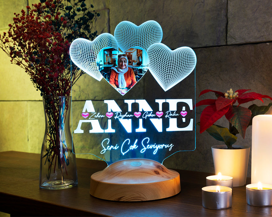 Anneler Günü Hediyesi, Anneye Hediye, Fotoğraflı Hediye, İsim Yazılı Resimli Kişiye Özel 3D Led Foto Lamba