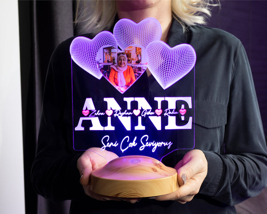 Anneler Günü Hediyesi, Anneye Hediye, Fotoğraflı Hediye, İsim Yazılı Resimli Kişiye Özel 3D Led Foto Lamba