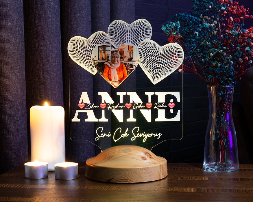 Anneler Günü Hediyesi, Anneye Hediye, Fotoğraflı Hediye, İsim Yazılı Resimli Kişiye Özel 3D Led Foto Lamba