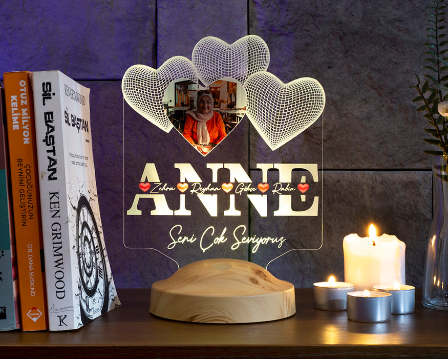 Anneler Günü Hediyesi, Anneye Hediye, Fotoğraflı Hediye, İsim Yazılı Resimli Kişiye Özel 3D Led Foto Lamba