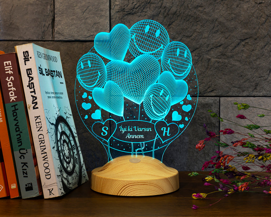 Anneler Günü Hediyesi Smiley Kalpler Anneye Hediye 3 Boyutlu Led Lamba