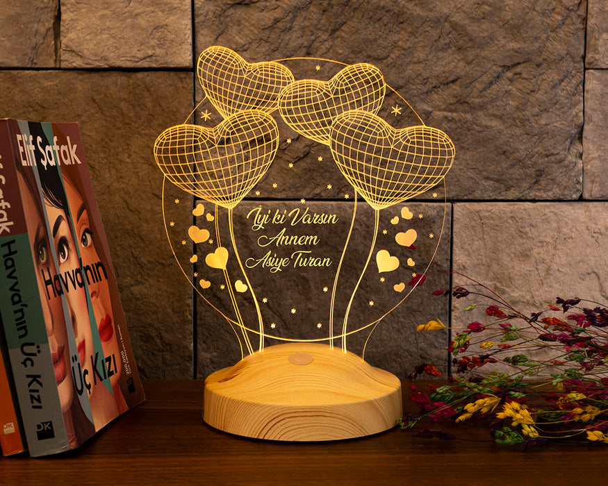 Anneler Günü Hediyesi, Anneye İsimli Hediye, Balon Kalpler Küre Kişiye Özel 3D Led Lamba