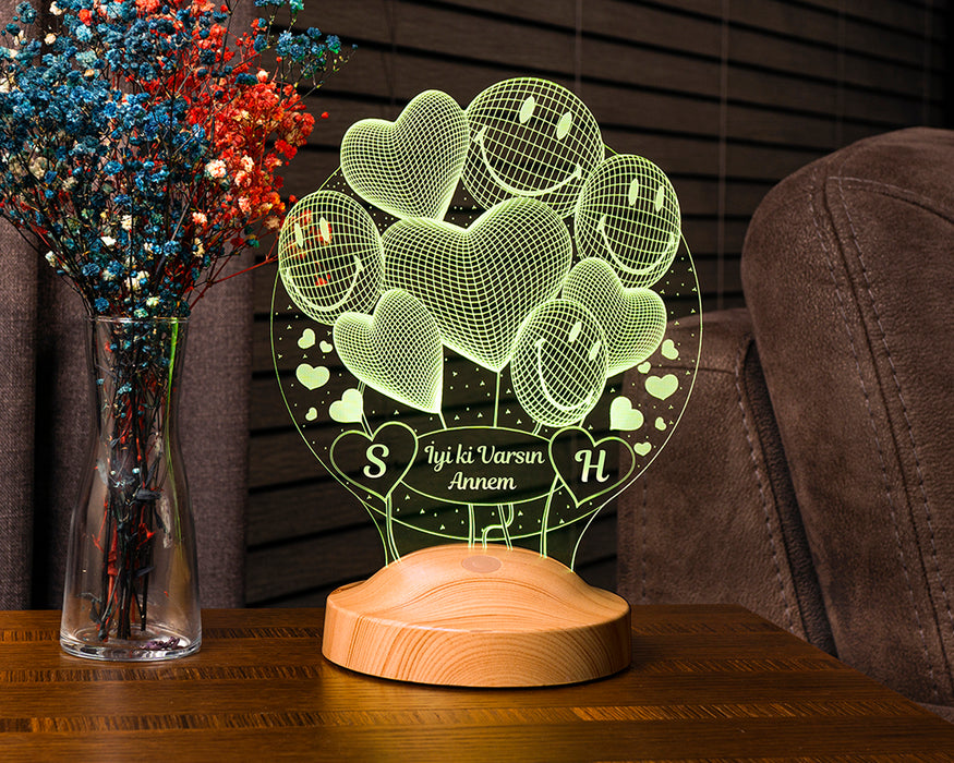 Anneler Günü Hediyesi Smiley Kalpler Anneye Hediye 3 Boyutlu Led Lamba