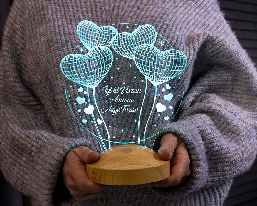 Anneler Günü Hediyesi, Anneye İsimli Hediye, Balon Kalpler Küre Kişiye Özel 3D Led Lamba