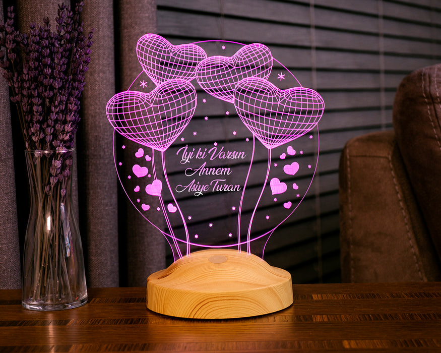 Anneler Günü Hediyesi, Anneye İsimli Hediye, Balon Kalpler Küre Kişiye Özel 3D Led Lamba