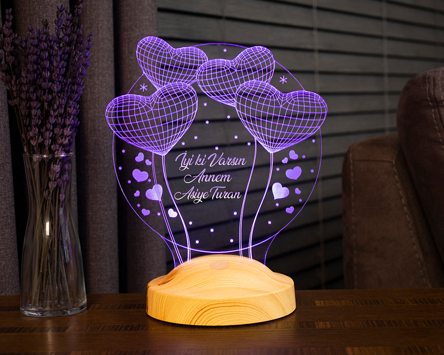 Anneler Günü Hediyesi, Anneye İsimli Hediye, Balon Kalpler Küre Kişiye Özel 3D Led Lamba