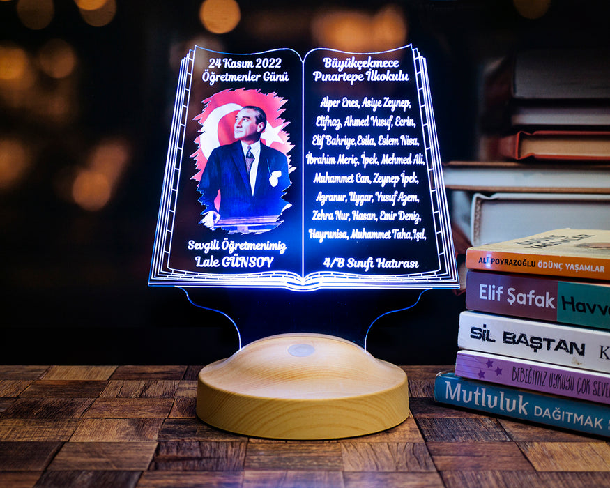 Öğrenci İsimli Atatürk Temalı Öğretmen Hediyesi – Kişiye Özel 24 Kasım Lambası