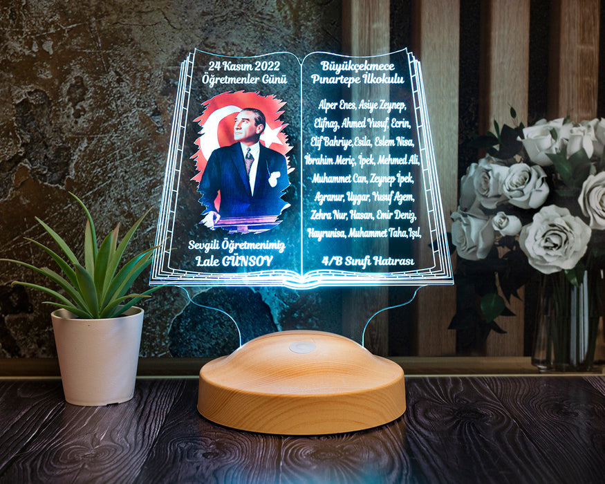 Öğrenci İsimli Atatürk Temalı Öğretmen Hediyesi – Kişiye Özel 24 Kasım Lambası