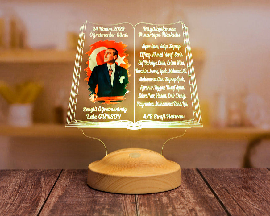 Öğrenci İsimli Atatürk Temalı Öğretmen Hediyesi – Kişiye Özel 24 Kasım Lambası