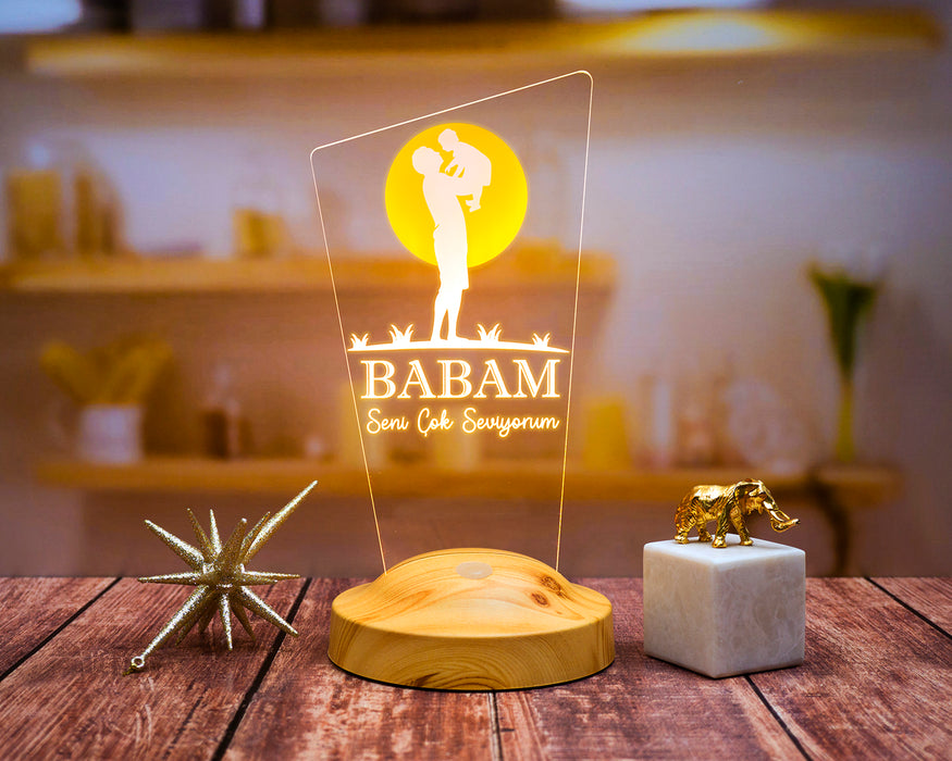 Babaya Hediye, Babalar Günü Hediyesi, Babama Hediye, Baba, Çocuk ve Güneş Figürlü Renkli Led Lamba Totem