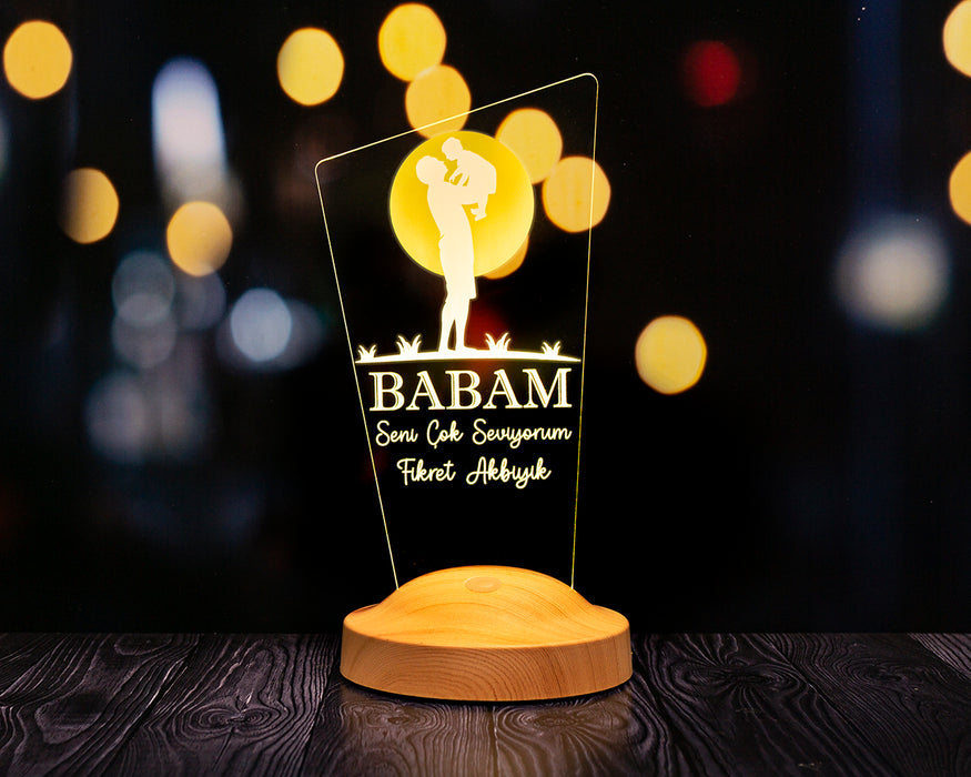 Babaya Hediye, Babalar Günü Hediyesi, Babama Hediye, Baba, Çocuk ve Güneş Figürlü Renkli Led Lamba Totem