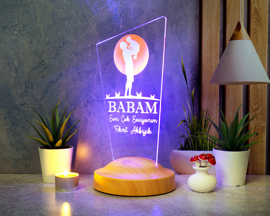 Babaya Hediye, Babalar Günü Hediyesi, Babama Hediye, Baba, Çocuk ve Güneş Figürlü Renkli Led Lamba Totem