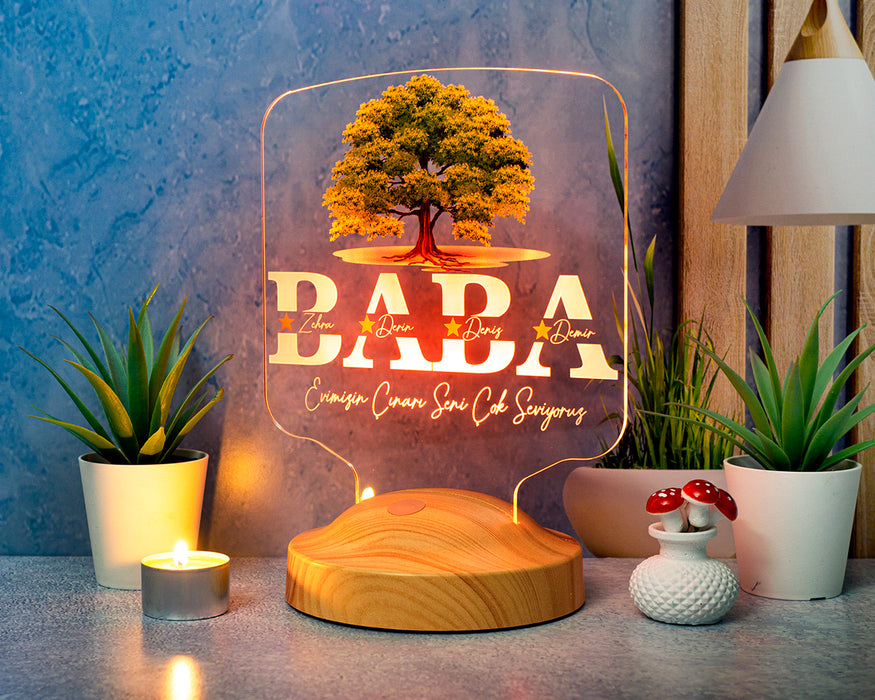 Babalar Günü Hediyesi, Babaya Hediye, Evimizin Çınarı Hediyesi, Renkli İsim Yazılı Kişiye Özel 3D Led Lamba