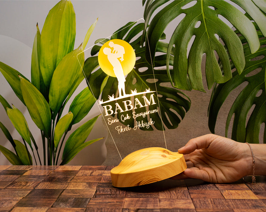 Babaya Hediye, Babalar Günü Hediyesi, Babama Hediye, Baba, Çocuk ve Güneş Figürlü Renkli Led Lamba Totem