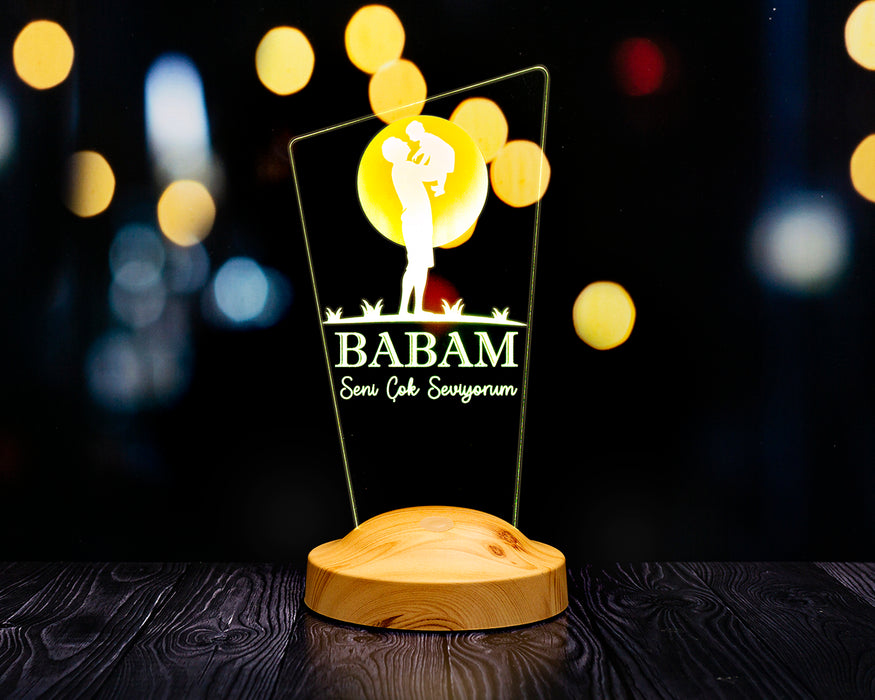 Babaya Hediye, Babalar Günü Hediyesi, Babama Hediye, Baba, Çocuk ve Güneş Figürlü Renkli Led Lamba Totem