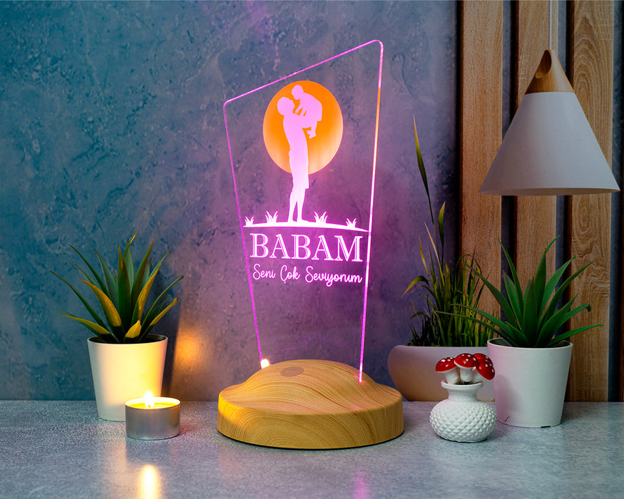 Babaya Hediye, Babalar Günü Hediyesi, Babama Hediye, Baba, Çocuk ve Güneş Figürlü Renkli Led Lamba Totem