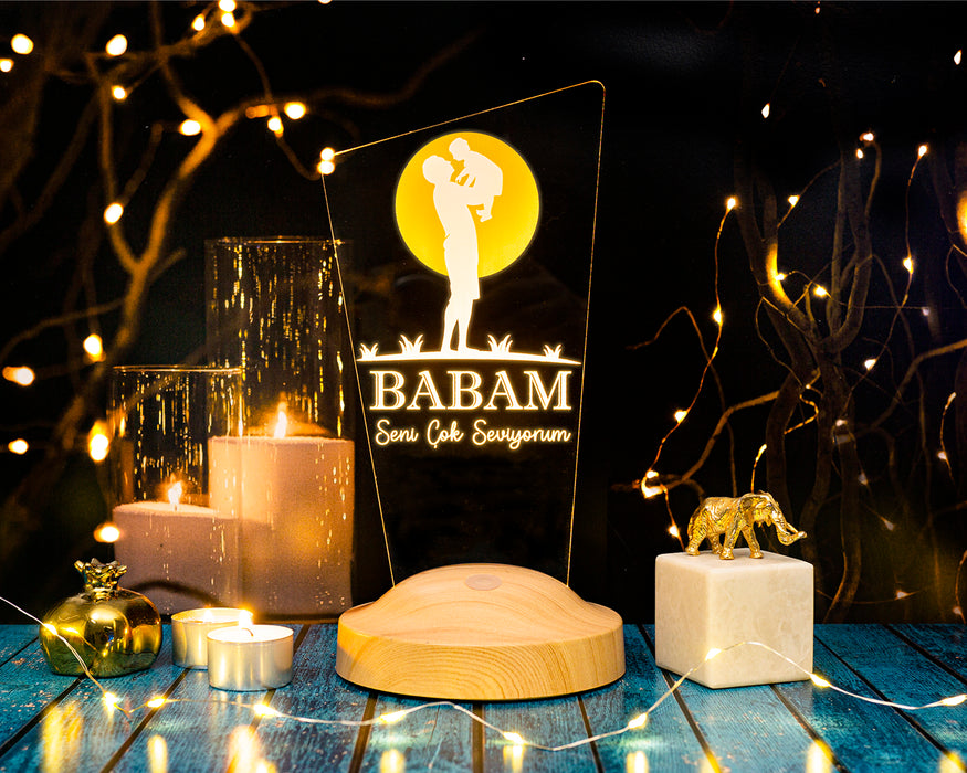 Babaya Hediye, Babalar Günü Hediyesi, Babama Hediye, Baba, Çocuk ve Güneş Figürlü Renkli Led Lamba Totem