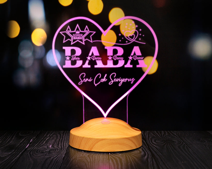 Babalar Günü Hediyesi, Kişiye Özel Babaya Hediye İsim Yazılı Kalp Şeklinde Led Lamba, Gece Lambası