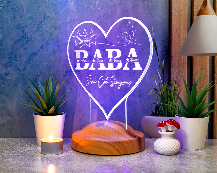 Babalar Günü Hediyesi, Kişiye Özel Babaya Hediye İsim Yazılı Kalp Şeklinde Led Lamba, Gece Lambası